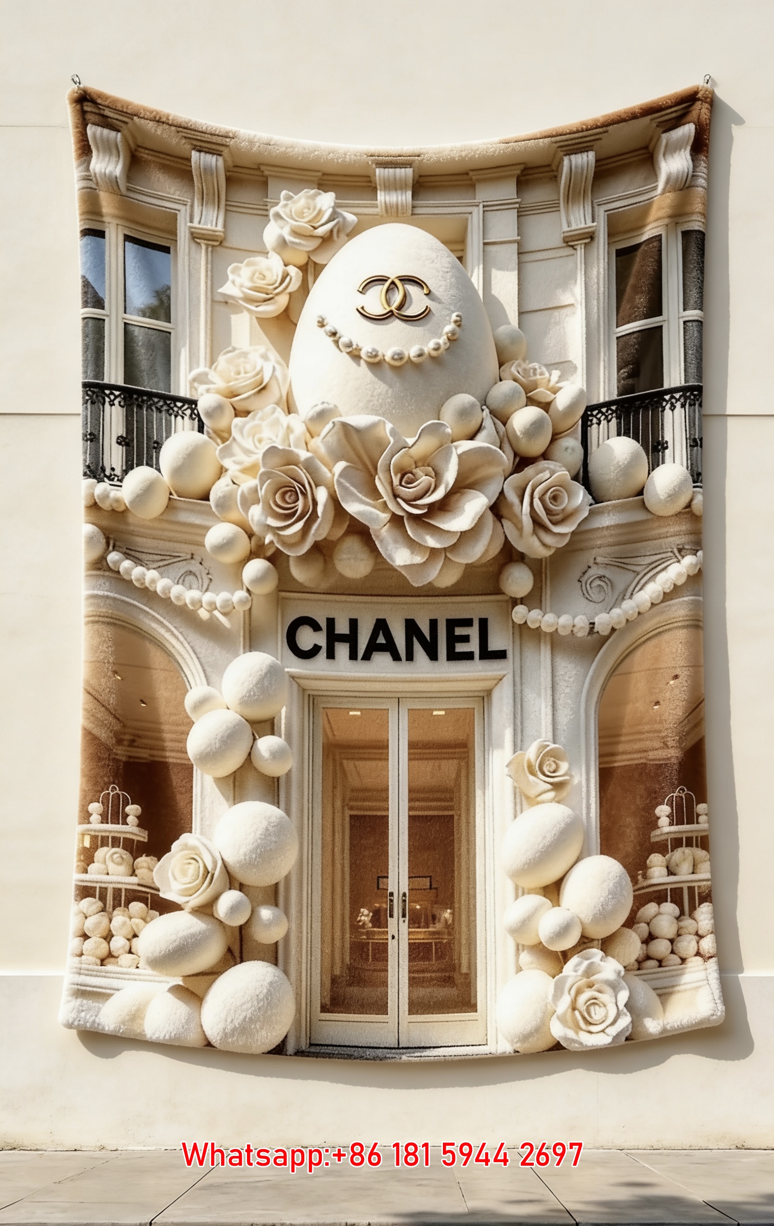 Luxury Chanel Egg & Camellia Flannel Throw Blanket  Paris Store Pearl Print IMG_7197